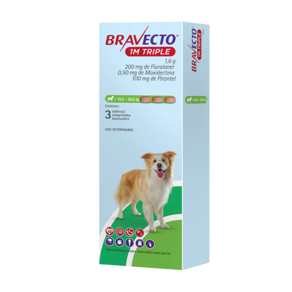 Bravecto 1 Mes Triple Acción - 3 Tabletas | Antiparasitario | Antipulgas y Garrapatas
