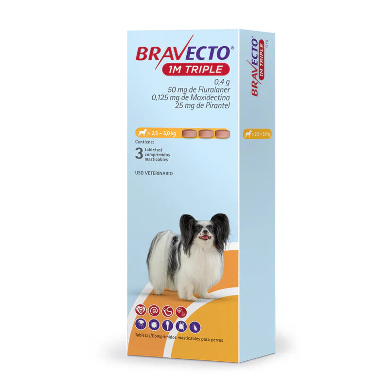 Bravecto 1 Mes Triple Acción - 3 Tabletas | Antiparasitario | Antipulgas y Garrapatas