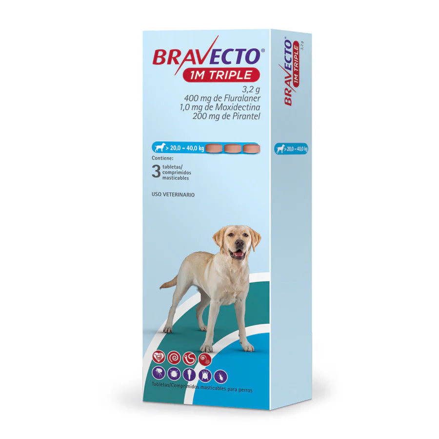 Bravecto 1 Mes Triple Acción - 3 Tabletas | Antiparasitario | Antipulgas y Garrapatas