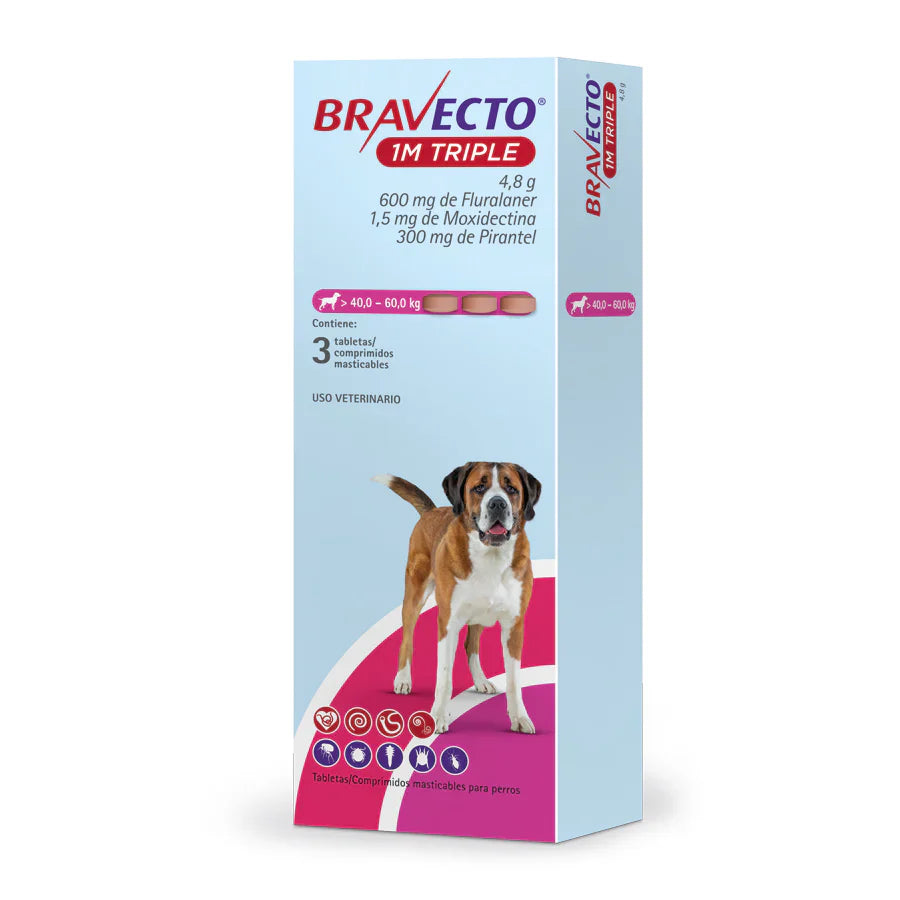 Bravecto 1 Mes Triple Acción - 3 Tabletas | Antiparasitario | Antipulgas y Garrapatas